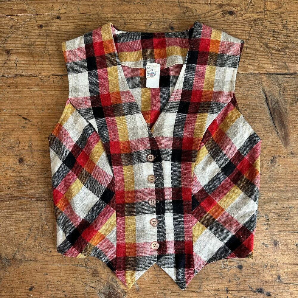 1970’s Plaid Vest Union Made Button Up V-Neck Unisex Red Black White Waist Tie - Picture 1 of 6